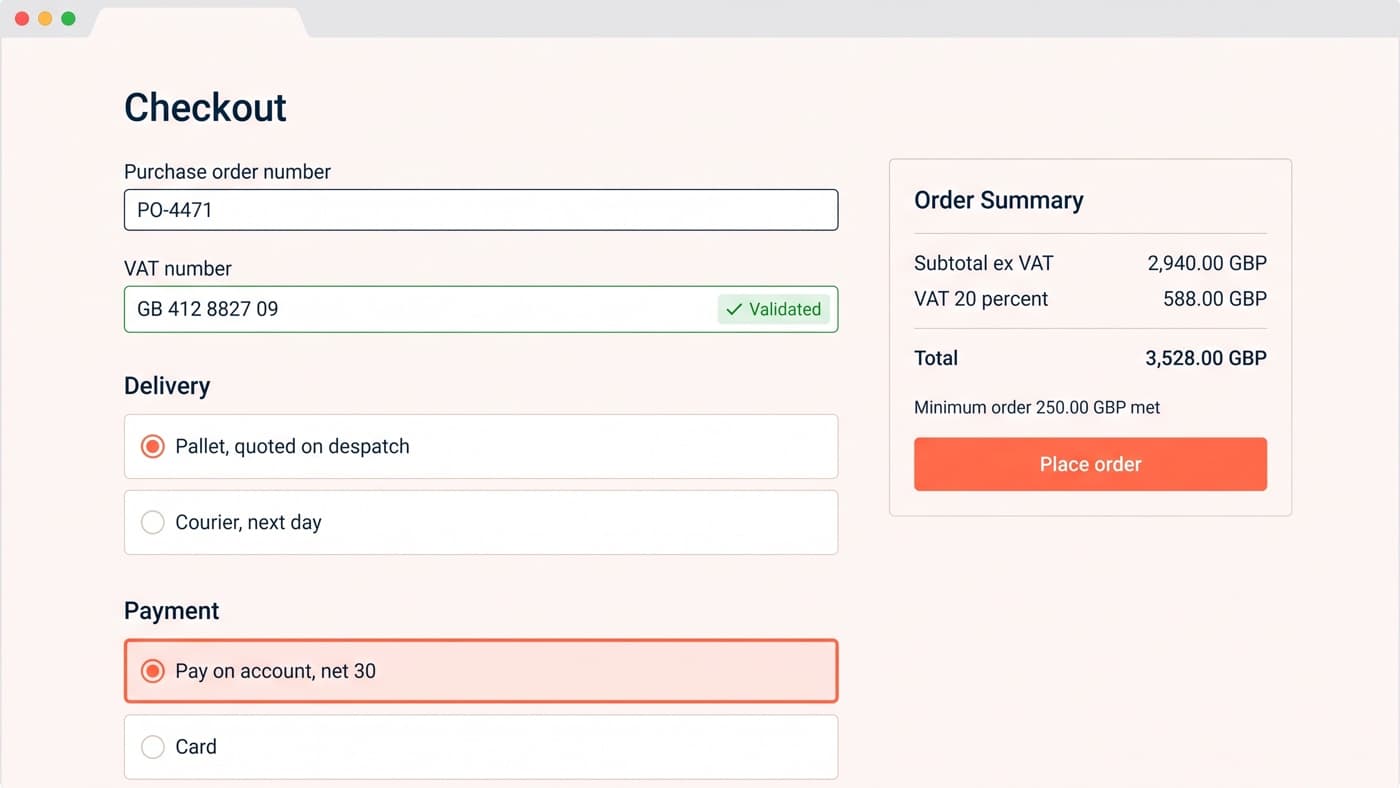 A WooCommerce trade checkout with a purchase order number field reading PO-4471, a validated VAT number, pallet delivery quoted on despatch selected over next-day courier, pay on account net 30 selected over card, and an order summary reading subtotal ex VAT £2,940.00, VAT 20 per cent £588.00 and total £3,528.00