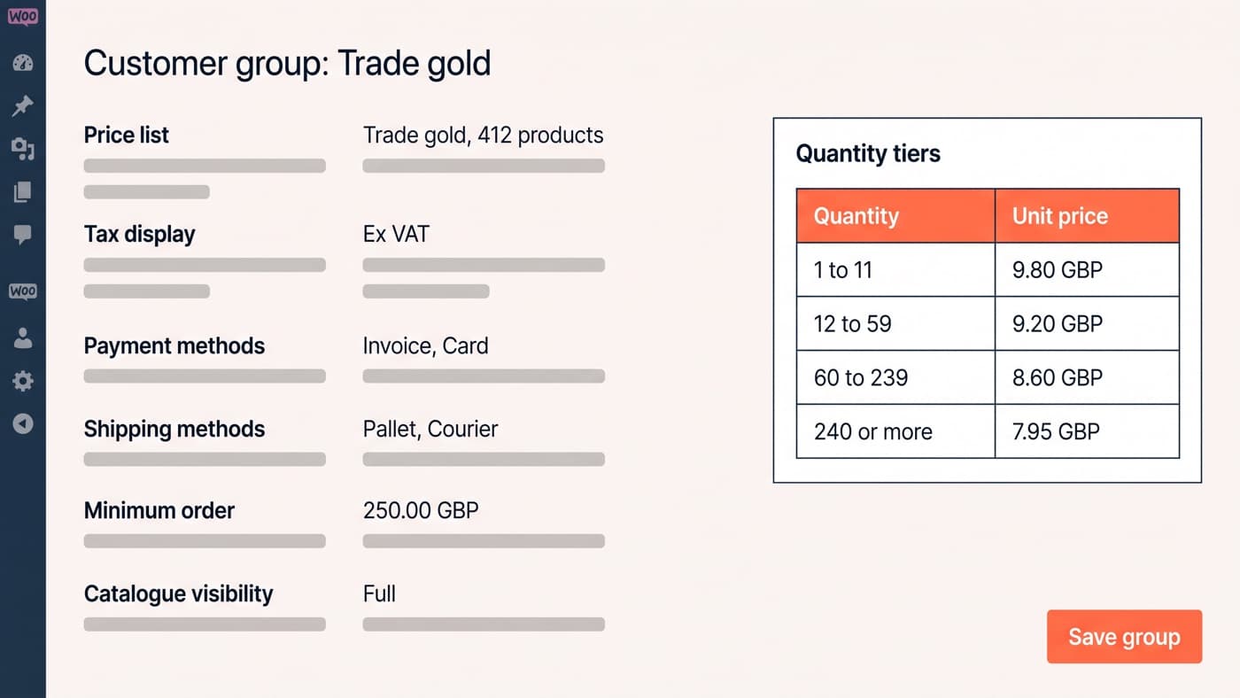 A WooCommerce admin customer group editor for a group named Trade gold, showing a price list of 412 products, ex VAT tax display, invoice and card payment, pallet and courier shipping, a £250.00 minimum order, beside a quantity tier table reading 1 to 11 at £9.80, 12 to 59 at £9.20, 60 to 239 at £8.60 and 240 or more at £7.95