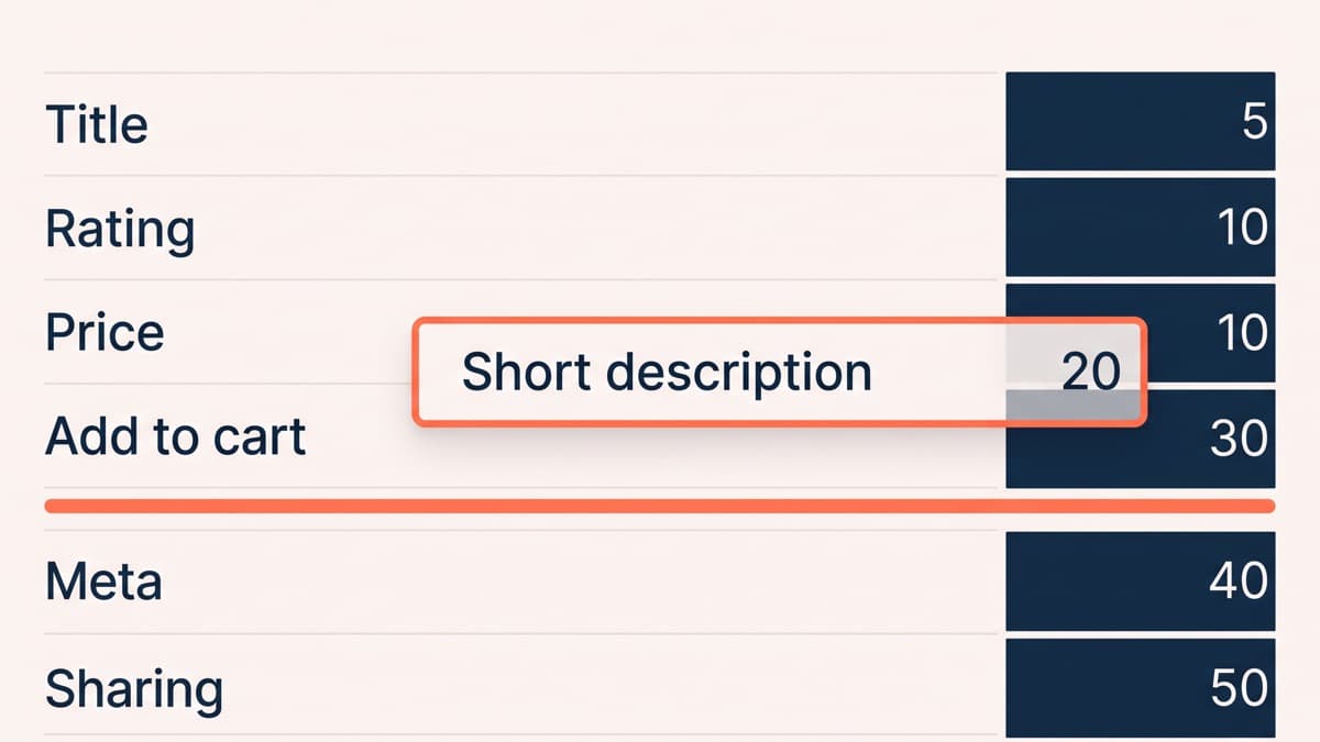 A template hook map panel in a generic developer tool listing single product summary hooks against their priorities, reading title 5, rating 10, price 10, short description 20, add to cart 30, meta 40 and sharing 50, with the short description row being dragged below the add-to-cart row