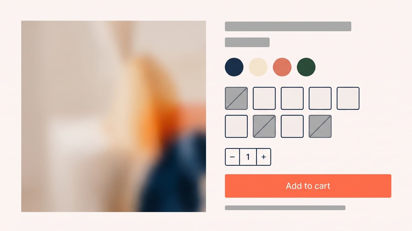 A generic storefront product page buy box showing the title, price, four colour swatches and nine size buttons with three marked unavailable, a quantity stepper, a full-width add-to-cart button and a delivery and returns line directly beneath it