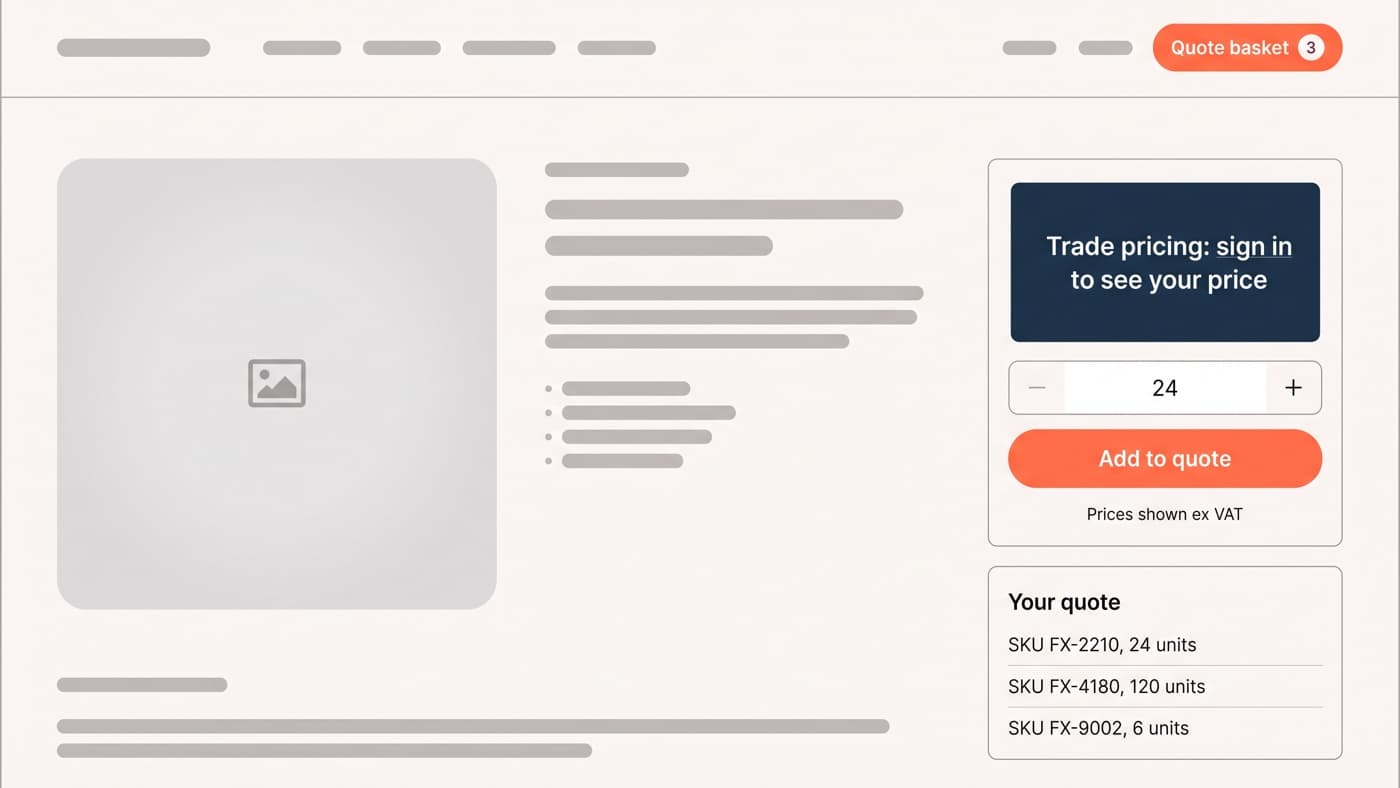 A WooCommerce trade product page where the price is replaced by a navy panel reading sign in to see your price, with a quantity of 24, a coral Add to quote button and a Quote basket pill showing 3 lines