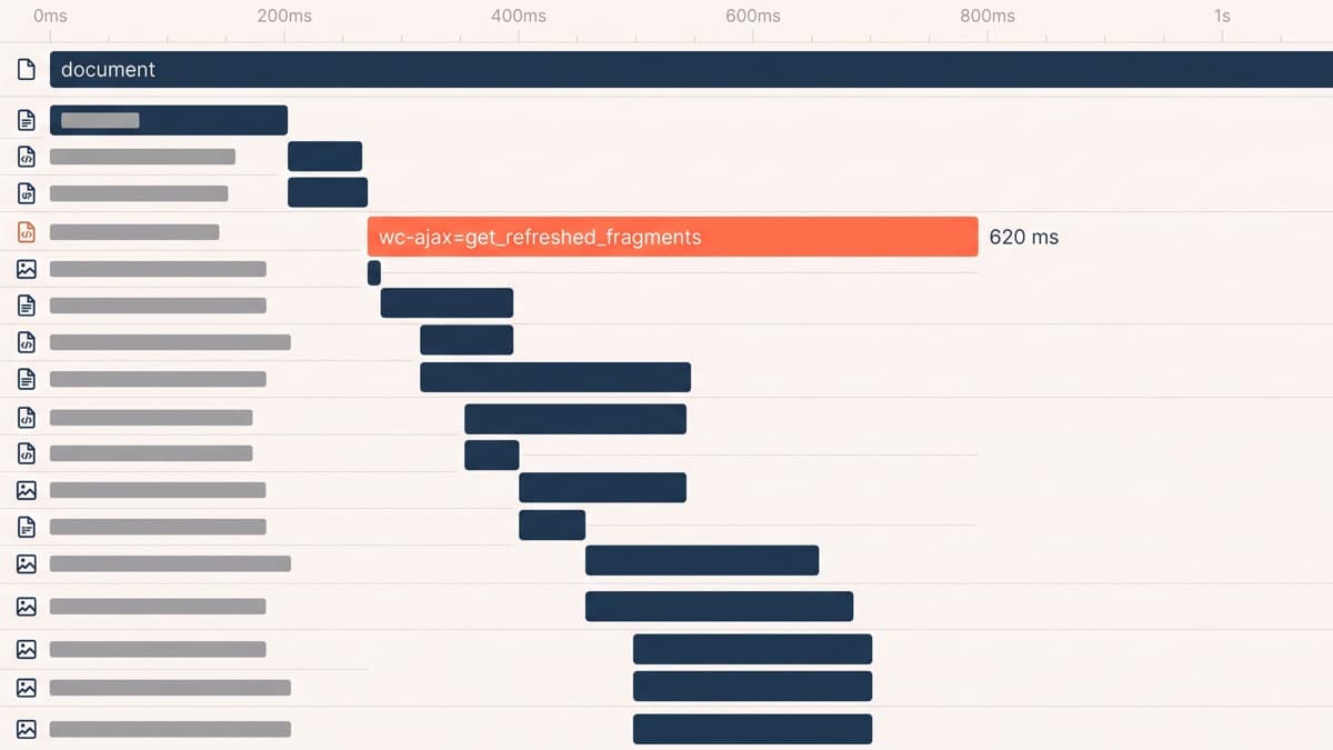 A browser network waterfall for a generic storefront page with the cart-fragments AJAX request highlighted at 620 milliseconds, sitting well after the main document while the remaining rows are short static asset bars