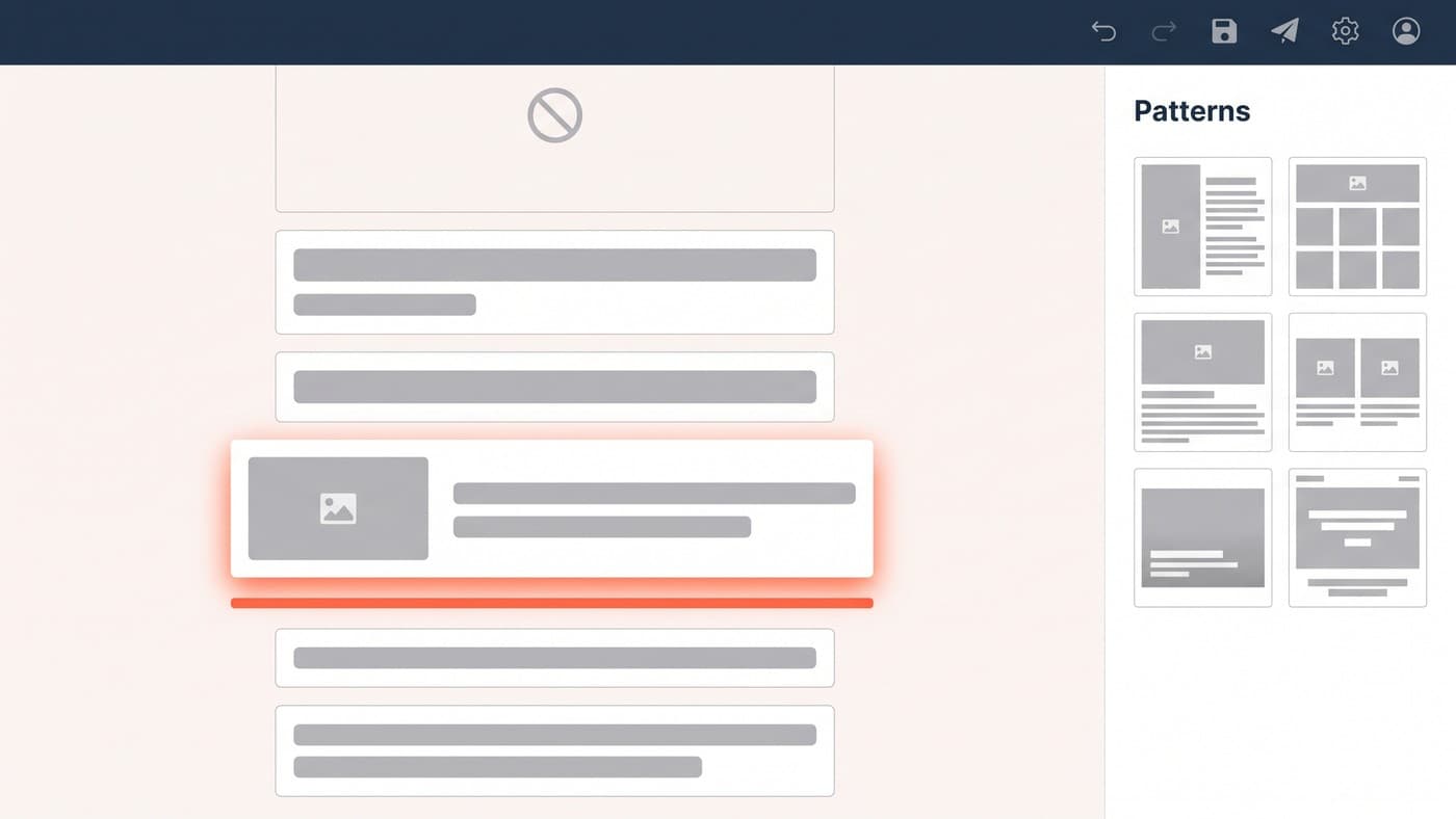 A block editor canvas mid-drag with a coral drop indicator and a patterns sidebar showing six reusable section layouts