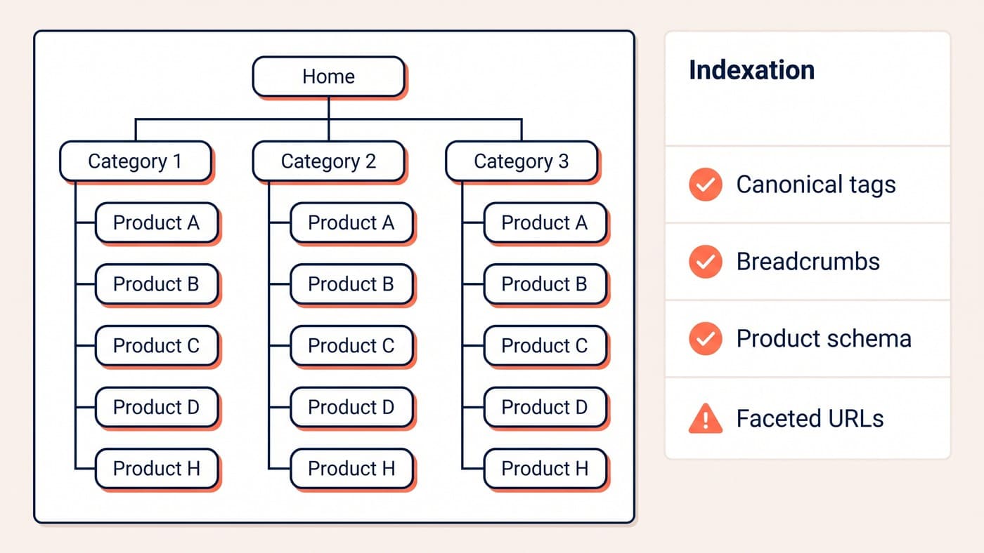 A site architecture tree beside an indexation checklist covering canonical tags, breadcrumbs, product schema and faceted URLs