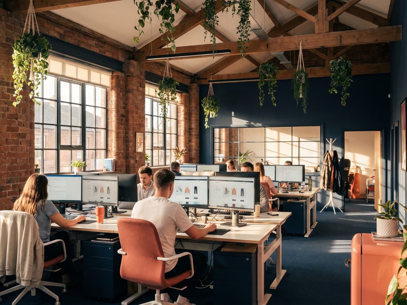 Photo of the Optyv Dhaka studio, bright modern office with plants and standing desks