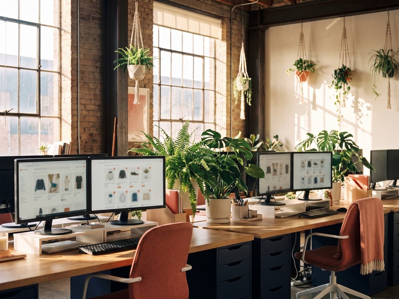 Photo of tidy studio desks with dual monitors showing ecommerce storefronts, plants, warm light, nobody in frame