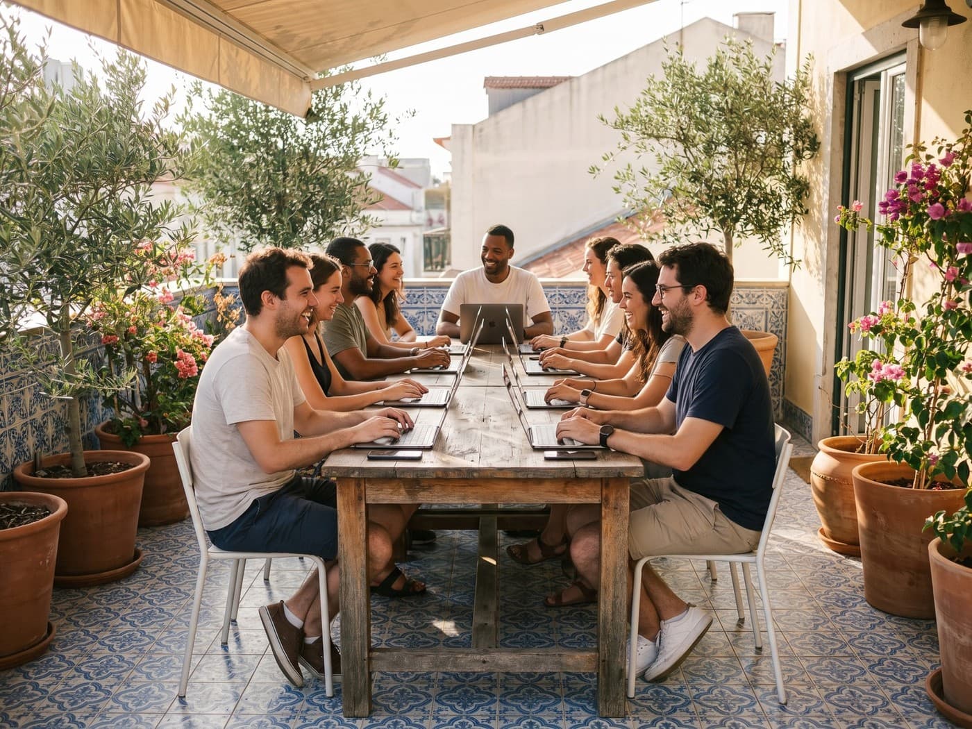 Photo of eight teammates working on laptops at a long table on a sunny Lisbon terrace with azulejo tiles and plants