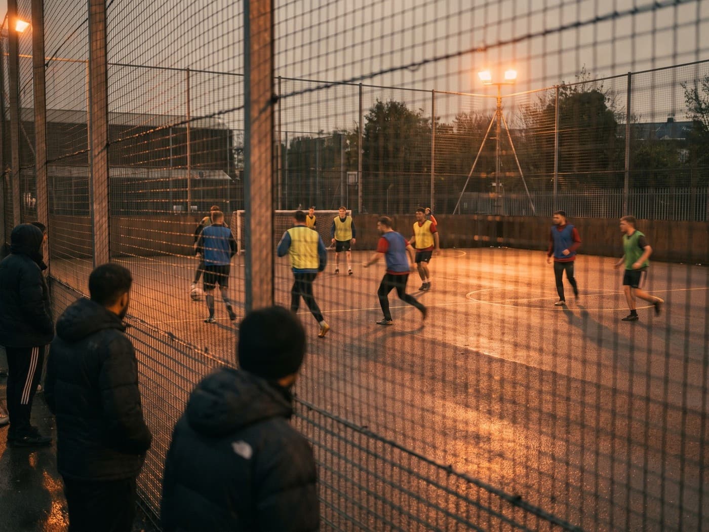 Photo of a casual evening five-a-side football game, mixed agency team in bibs, urban caged pitch, floodlights, motion