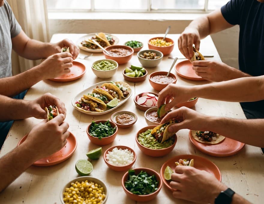 Overhead photo of a colorful taco lunch spread on a studio table with many hands reaching in