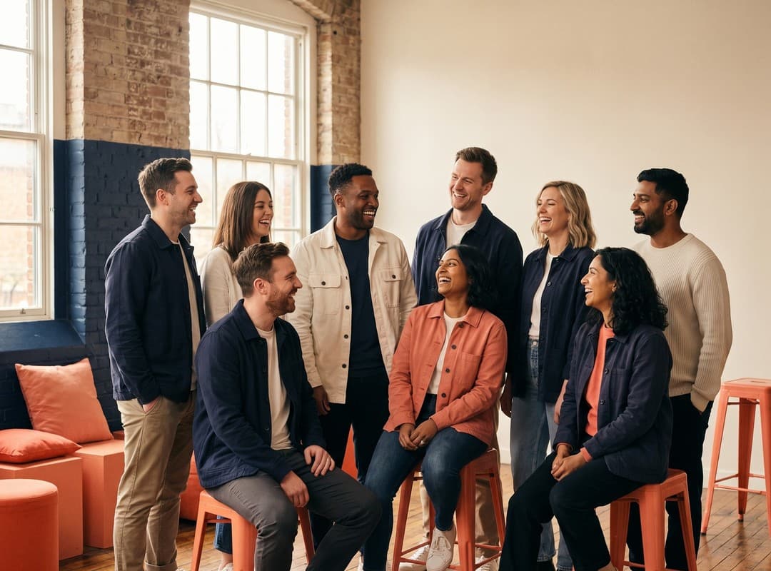 Group photo of the diverse twelve-person Optyv team standing together in a bright studio, casual and laughing