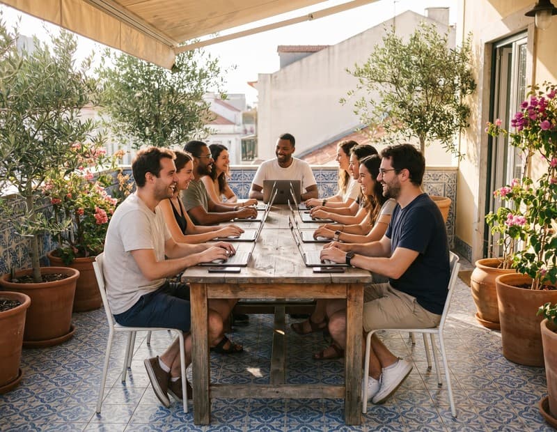 Photo of eight teammates working on laptops at a long table on a sunny Lisbon terrace with azulejo tiles