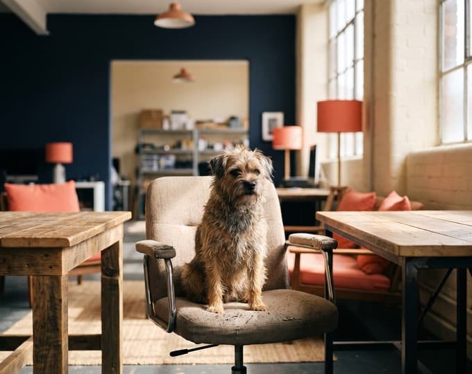 Photo of a small scruffy terrier sitting proudly on an office chair between desks in the studio