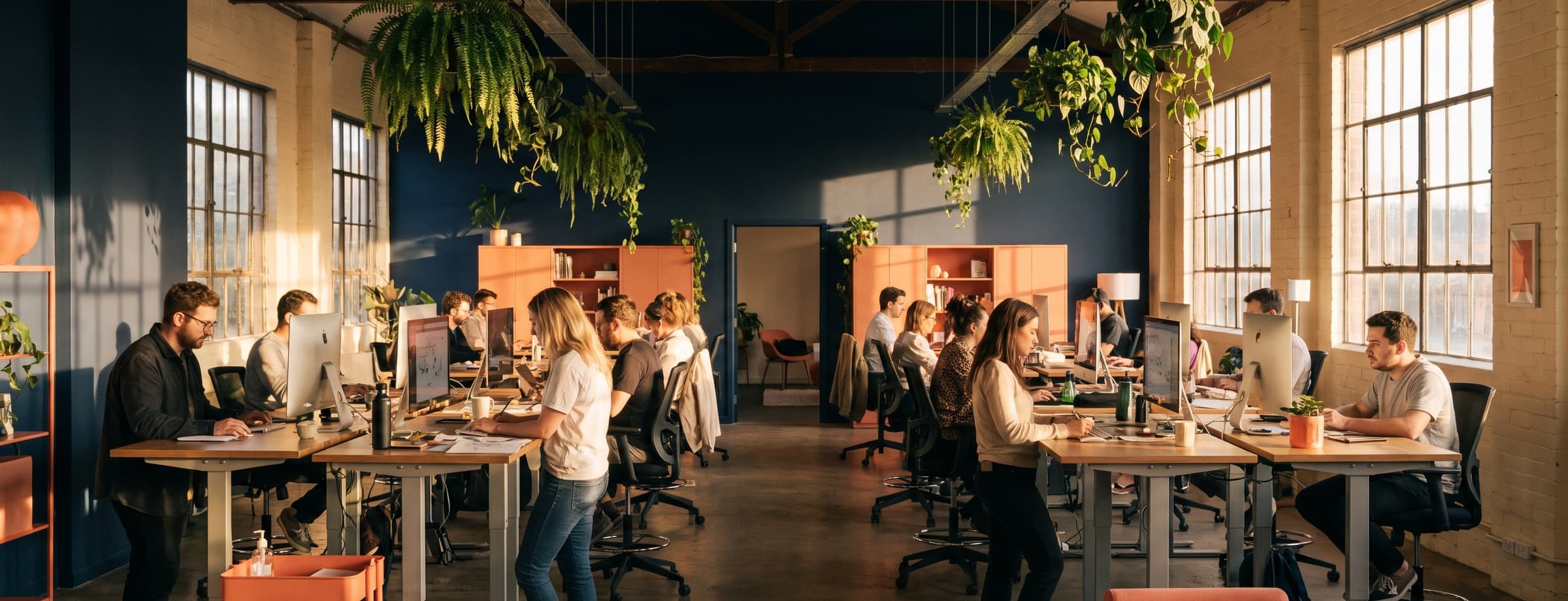 Wide panoramic photo of the whole Optyv team at work in a warehouse-style studio, standing desks and plants, golden-hour light streaming in
