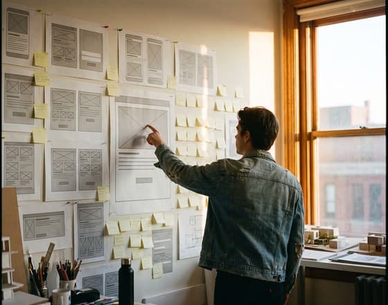 Photo of a studio wall covered in wireframe printouts and sticky notes, one person pointing