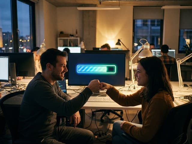 Candid photo of two developers fist-bumping in front of a monitor showing a progress bar