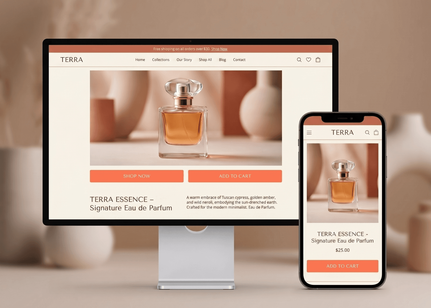 Featured ecommerce product page shown on desktop and mobile mockups side by side, cream and terracotta palette with coral-orange buttons