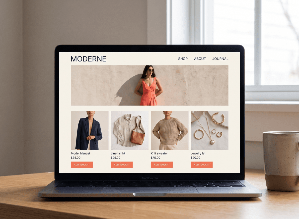 Ecommerce apparel store homepage on a laptop screen, minimal modern design with a lookbook banner, product grid and coral-orange add-to-cart buttons