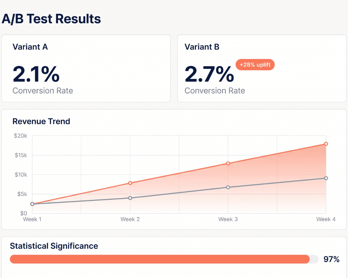 A/B testing analytics dashboard with two variant cards showing 2.1% and 2.7% conversion rates, a +28% uplift badge, a rising four-week revenue trend chart, and a statistical significance bar at 97%