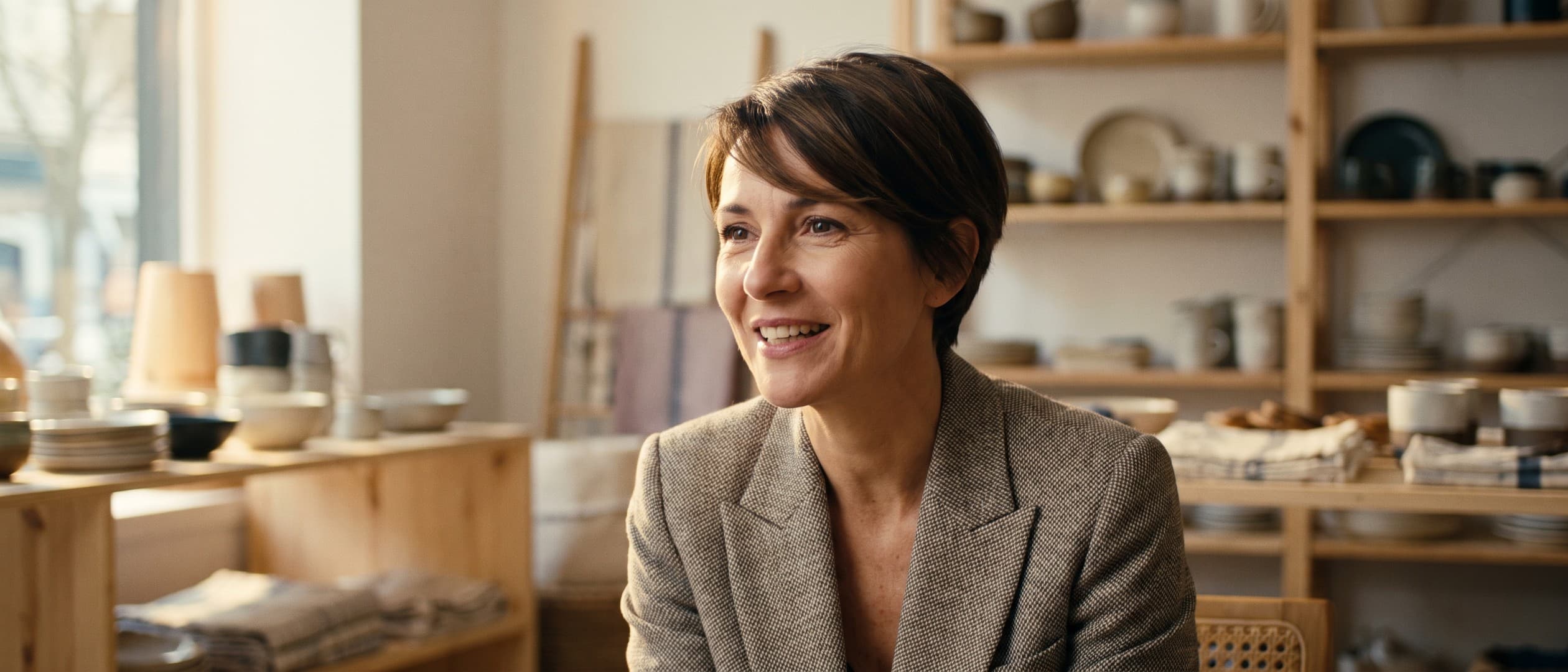 A French businesswoman mid-sentence, seated in a bright homeware showroom with shelves of ceramics behind her