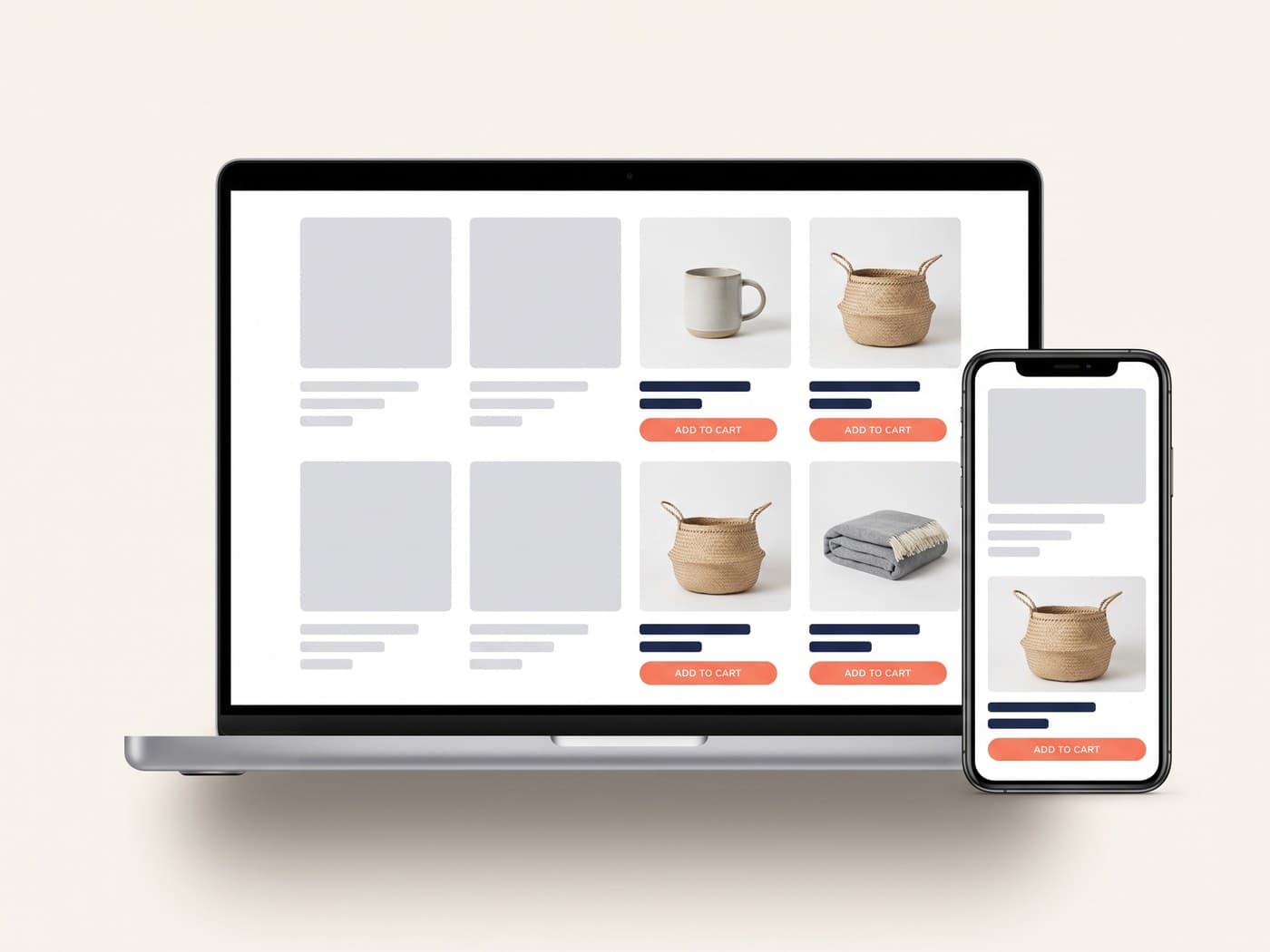 Fast modern Shopify-style storefront shown on laptop and phone mockups, with a product grid loading in skeleton states