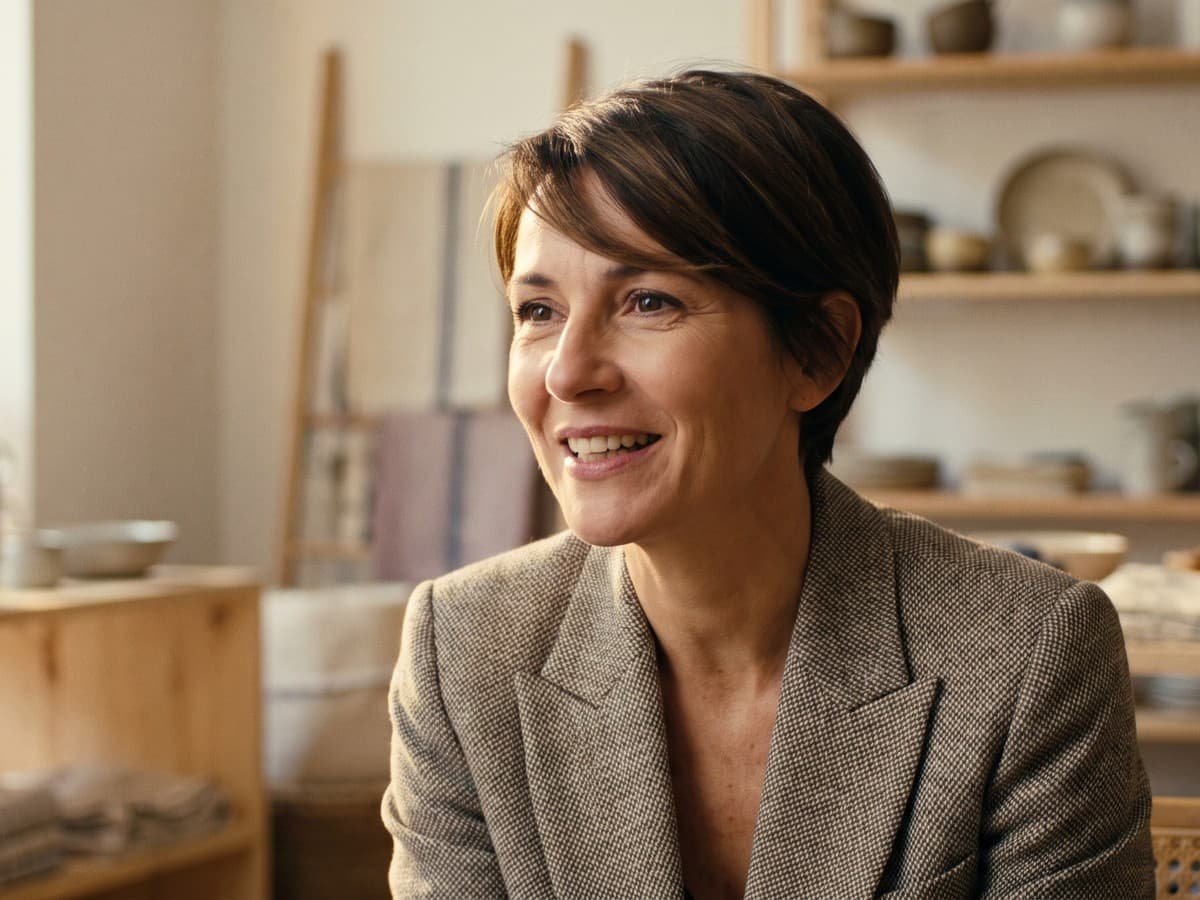 Video interview still of a French businesswoman mid-sentence, seated in a bright homeware showroom with shelves of ceramics behind her
