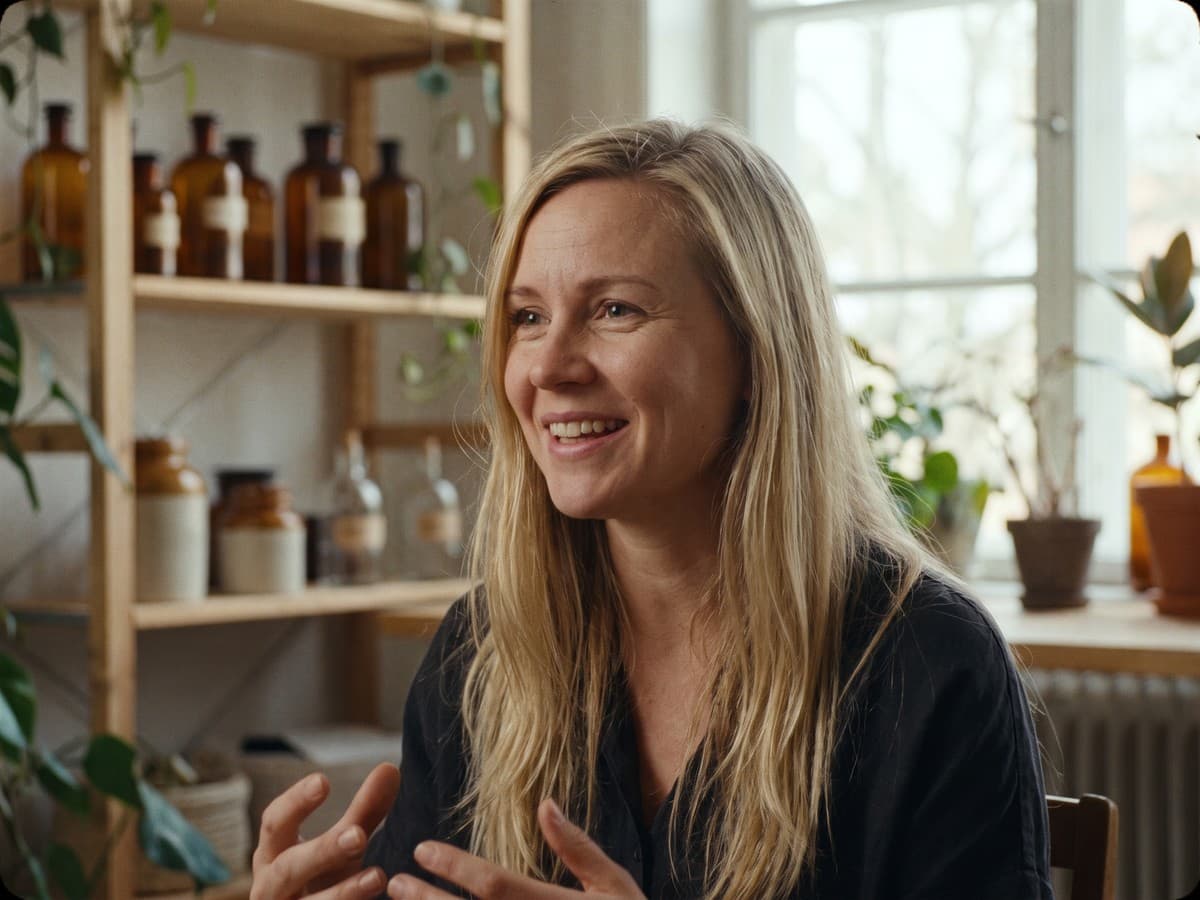 Video interview still of a Scandinavian woman in her mid-30s mid-sentence, in a bright botanical studio with skincare bottles on shelves behind her