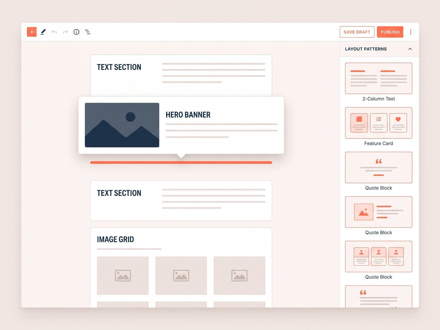 CMS block editor UI with branded content blocks being drag-arranged, and a sidebar of reusable patterns