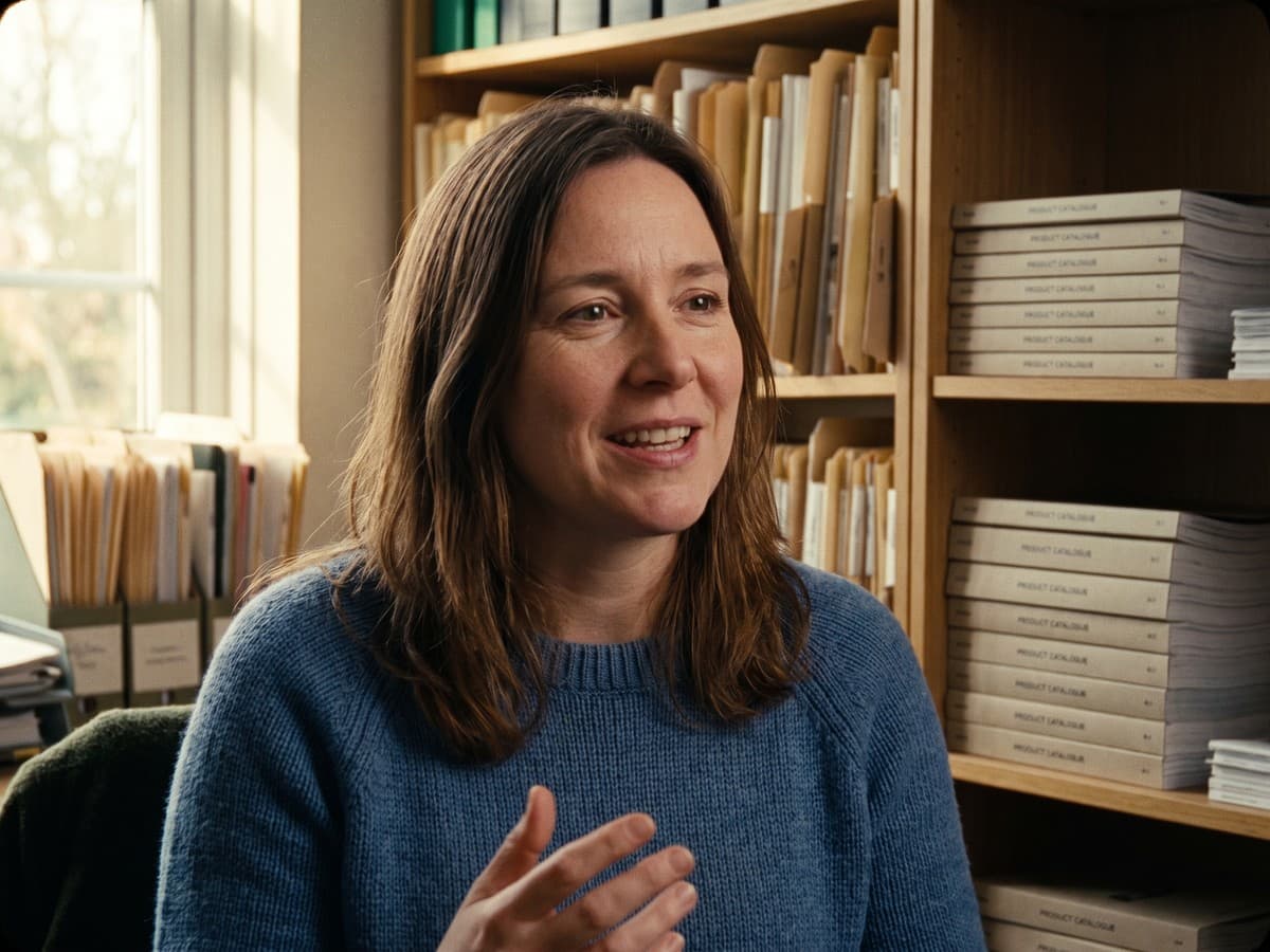 Video interview still of a British woman in her 40s mid-sentence, in a tidy trade-supplies office with stacked catalogues behind her