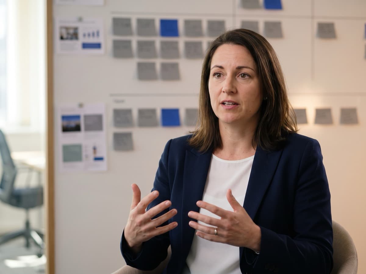Video interview still of a British woman in her late 30s mid-sentence, in a small consultancy office with an experiment roadmap wall behind her