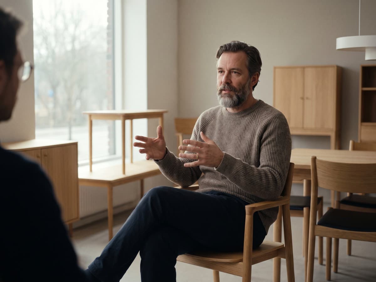 Video interview still of a Scandinavian man in his 40s mid-sentence, in a minimal oak-furniture showroom
