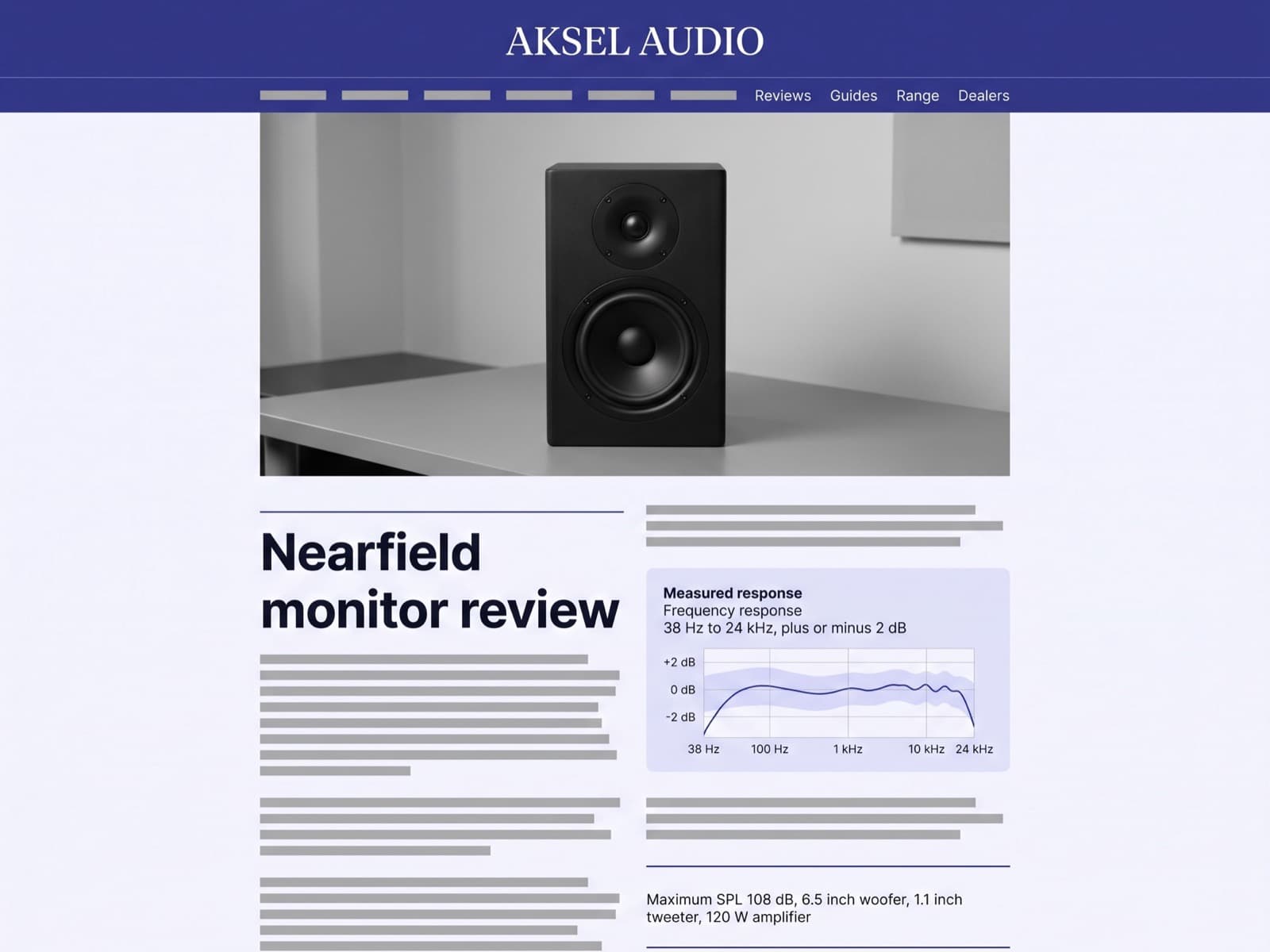 Audio brand editorial article page on desktop, deep indigo header with a studio monitor photograph and a magazine-style two-column layout