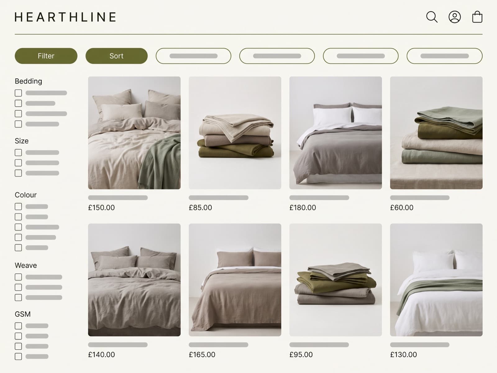 Homeware ecommerce collection page on desktop, warm off-white background with linen bedding photography and olive-green filter chips