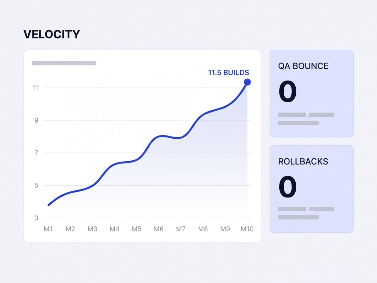 Close-up of the monthly velocity dashboard, a cobalt line climbing across an off-white chart to 11.5 builds, with QA bounce rate and rollback tiles beside it both reading zero in near-black ink