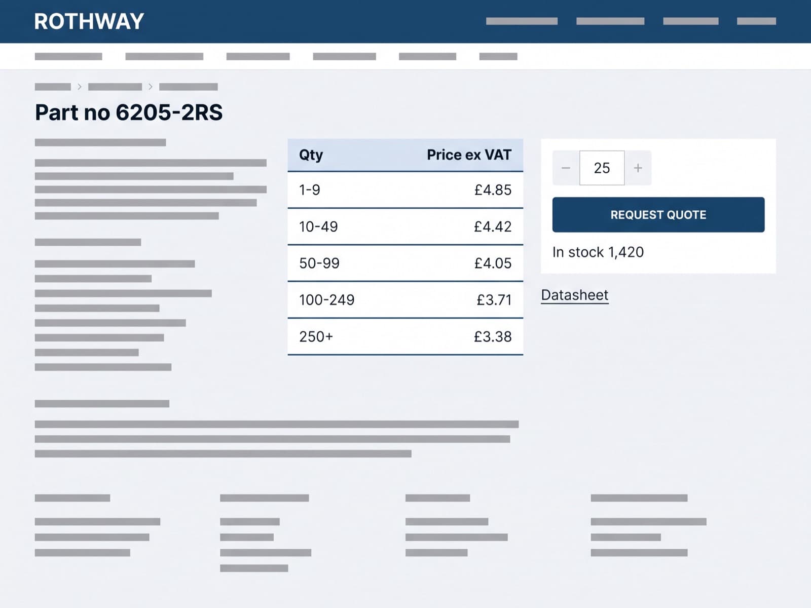 Industrial B2B quoting interface on desktop, cool grey background with a product table showing quantity price breaks and a navy request-quote button