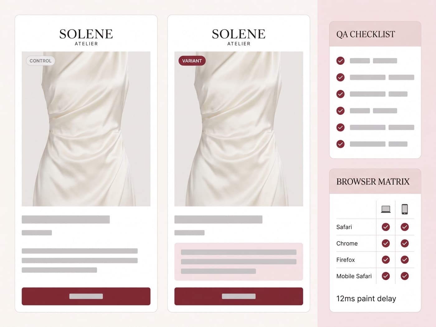 Experiment build view on screen showing a variant of the Solene Atelier product page beside its control, with a QA checklist and a browser matrix panel