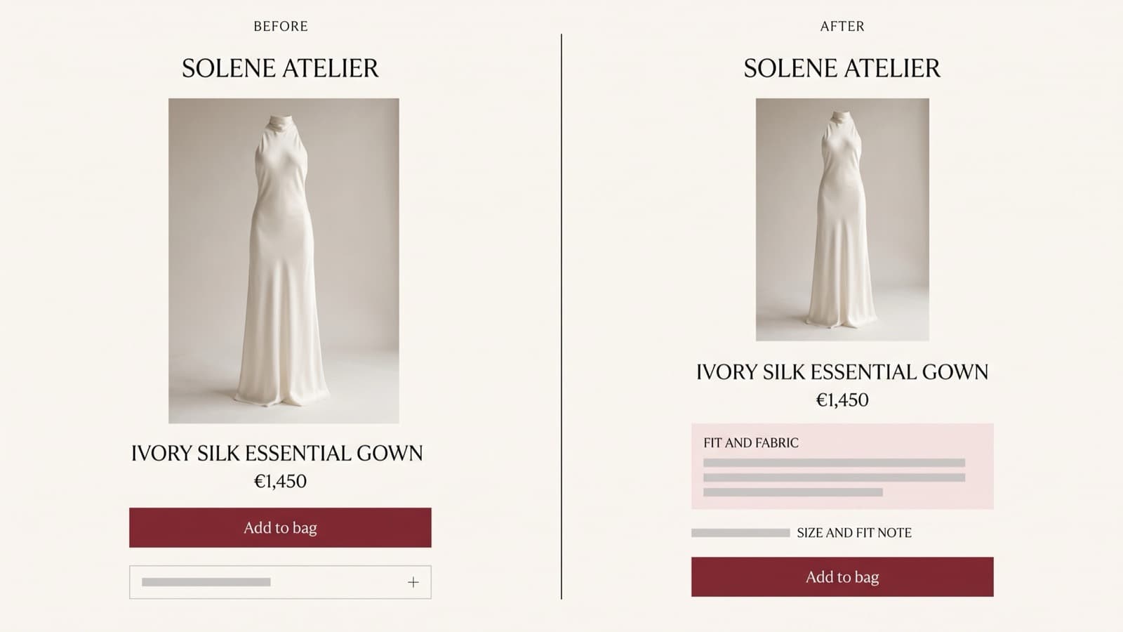 Side-by-side before and after of the Solene Atelier product page, the left version with a single hero image and hidden fabric details, the right with a fit-and-fabric panel and a size-and-fit note directly under the price