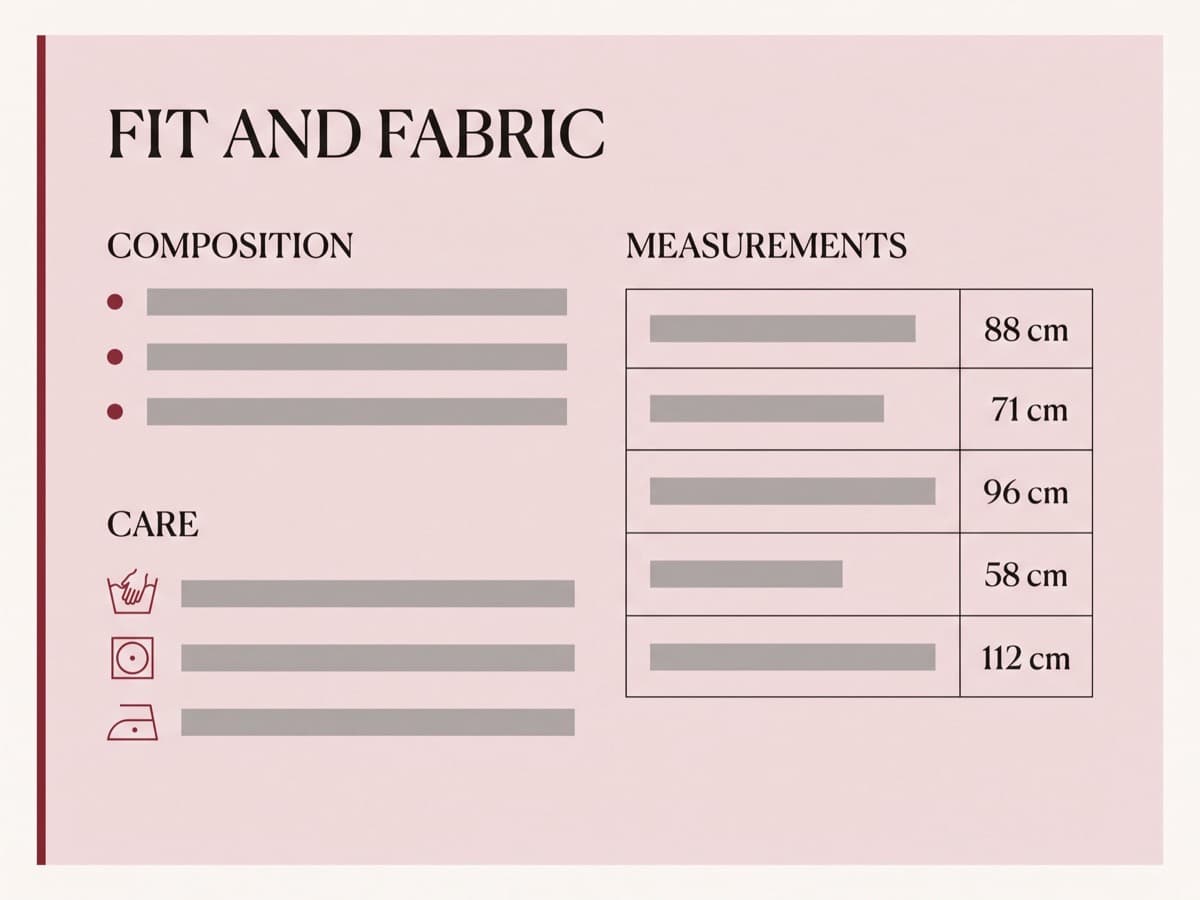 Close-up of the Solene Atelier fabric and fit panel component, showing composition, garment measurements and a care note in a burgundy-accented card