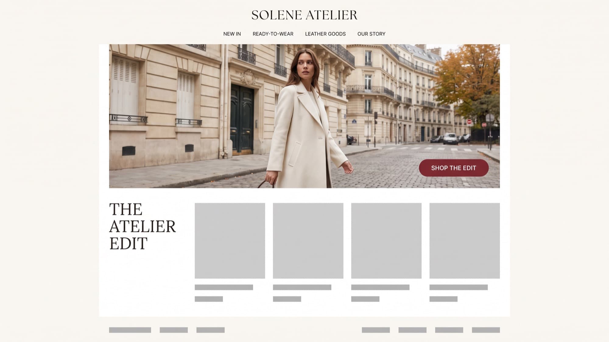 Solene Atelier womenswear homepage on a wide desktop screen, ivory background with a full-bleed lookbook photograph, a burgundy shop-the-edit button and a four-product grid below